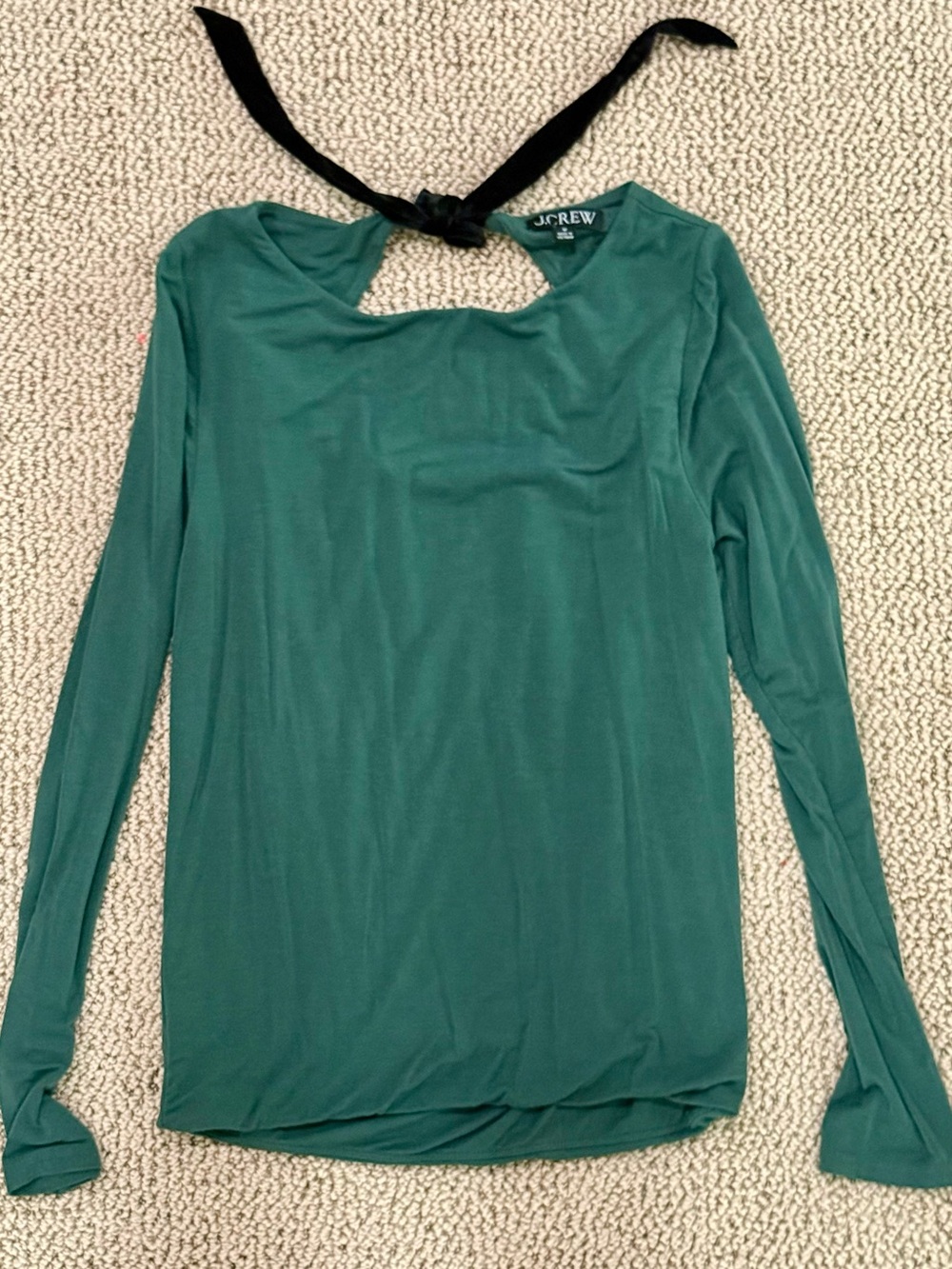 J. Crew Emerald Green Long-Sleeve Top with Black Velvet Back Tie Detail